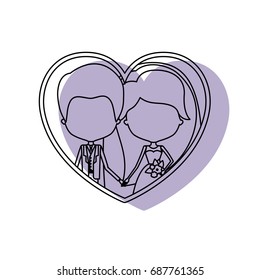 silhouette heart shape lilac shadow with contour faceless newly married couple inside of newly married couple groom with formal wear and bride with long hairstyle and holdings hands vector