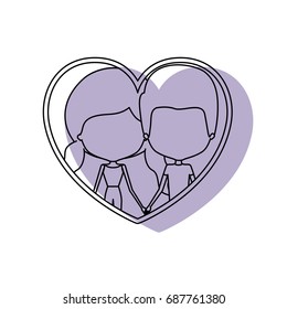 silhouette heart shape lilac shadow with contour faceless couple man and woman pigtails hairstyle inside holding hands vector illustration