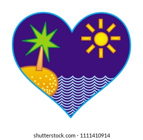 Silhouette of heart with sun, palm and beach. Symbolized drawing of the logo. Colorful drawing. Vector graphics.