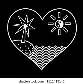 Silhouette of heart with sun, palm and beach. Symbolized drawing and logo. Black and white drawing. Vector graphics.