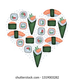 Silhouette of the heart of sushi. Vector. Idea of poster. Isolated on background. I love sushi.