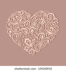 silhouette of the heart symbol decorated with floral pattern, a design element in the old style.  