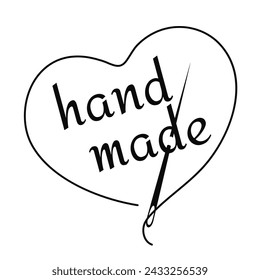 Silhouette of heart with thread, sewing needle and inscription "hand made". Black isolated vector illustration of handmade work and creative occupation	