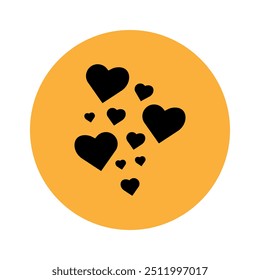 Silhouette of hearts on an orange background in the form of a circle