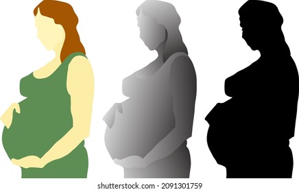 Silhouette de una joven fuertemente embarazada sosteniendo su abdomen. Ilustración vectorial.