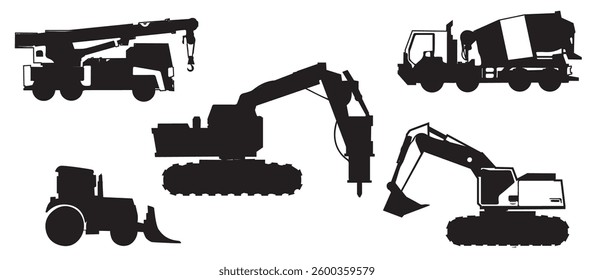 silhouette of heavy equipment project car, for construction, isolated on white background.