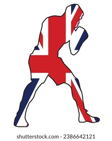 Silhouette of a heavyweight boxer in outline set over the Union Jack UK national flag