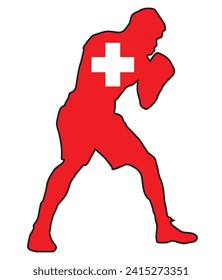 Silhouette of a heavyweight boxer in outline set over the national flag of Switzerland