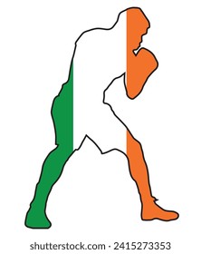 Silhouette of a heavyweight boxer in outline set over the national flag of Eire