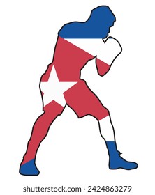 Silhouette of a heavyweight boxer in outline set over the Cuba national flag