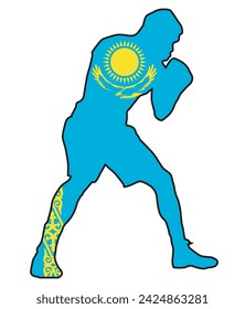 Silhouette of a heavyweight boxer in outline set over the Kazakhstan national flag