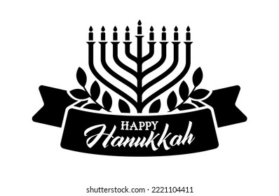 Silhouette Hebrew menorah with olive branches and text happy Hanukkah on tape, for Jewish festival of lights vector illustration