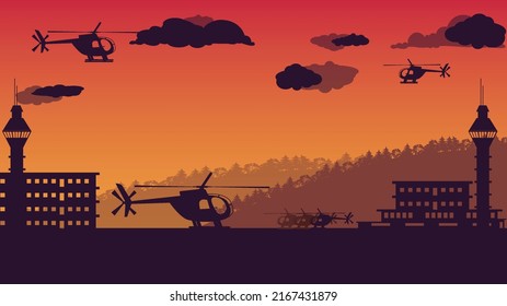 Silhouette Of Helicopter And Air Traffic Control Tower On Orange Gradient Background