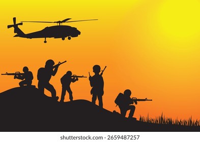 Silhouette helicopter with five soldiers vector design