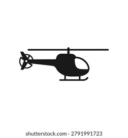Silhouette of a helicopter in mid-flight, side view with rotating propellers and tail rotor, isolated on a white background, conveying motion and aviation.