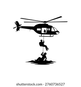 Silhouette of a helicopter performing a rescue operation, with a person rappelling down to assist another individual.