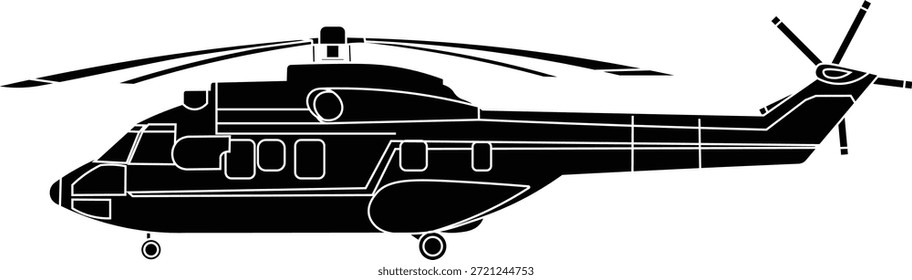 Silueta de una Ilustración vectorial de vista lateral de helicóptero. 