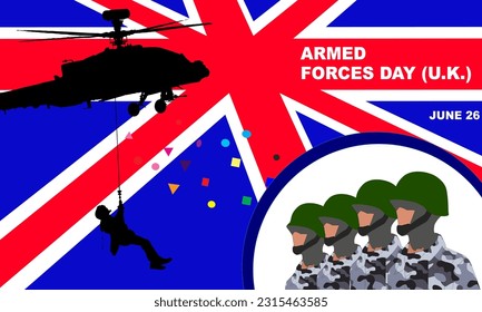 silhouette of helicopters and soldiers descending on ropes and soldiers marching against the background of the British Flag commemorating Armed Forces Day in the U.K. on June 26