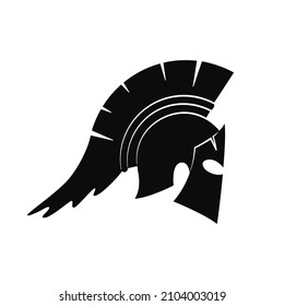 Silhouette of the helmet of a warrior of ancient Greece. Black and white illustration for logo, icons. White isolated background.