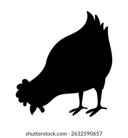 Silueta de una gallina inclinada para comer. Ilustración vectorial de pollo. Concepto de animal de granja