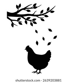 Silhouette: Hen Under Tree Branch with Falling Leaves