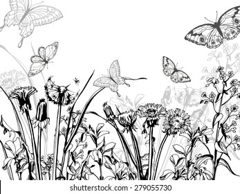 Silhouette of herbs and flowers, and butterfly, hand drawn vector illustration