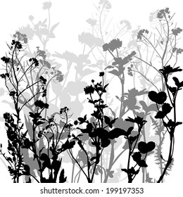 Silhouette of herbs and flowers, hand drawn vector illustration