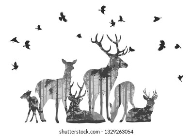 silhouette of a herd of deer with birds. Inside a pine forest, isolated object, vector illustration