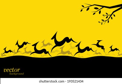 Silhouette of a herd of deer on yellow background.