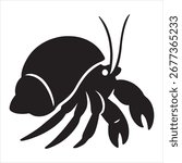 Silhouette of a hermit crab with its shell, featuring antennae and claws, isolated on a white background.