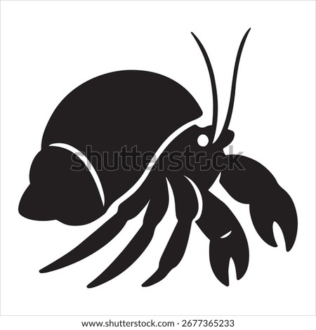 Silhouette of a hermit crab with its shell, featuring antennae and claws, isolated on a white background.