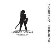 Silhouette Heroes Woman Logo Design With Sword And Shield, Strong Woman