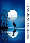 The silhouette of a heron stands in front of a wide, bright moon reflected in a calm lake. A calming piece of wall art. Eps. 10