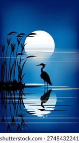 The silhouette of a heron stands in front of a wide, bright moon reflected in a calm lake. A calming piece of wall art. Eps. 10