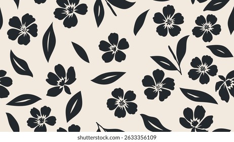 Silhouette of hibiscus flower hand drawn pattern seamless. Wallpaper tropic flowers and Leaves flat design