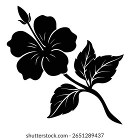 Silhueta de uma flor de hibisco com folhas e broto preto branco
