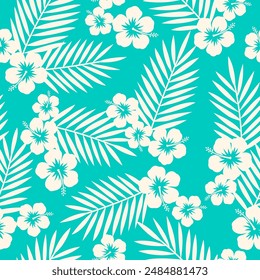 Silhouette hibiscus flower and palm leaf seamless pattern design for summer holidays background.