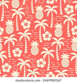 Silhouette hibiscus flower, palm tree and pineapple seamless pattern design for summer holidays background.