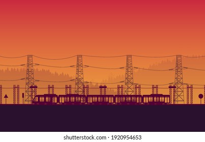 silhouette high speed train rail road with bridge on orange gradient background