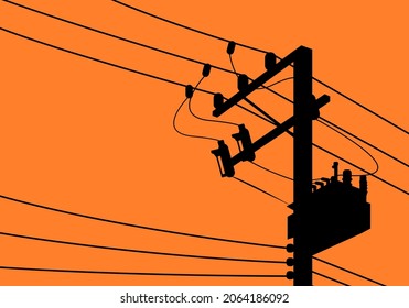 Silhouette High Voltage Electric Pole With Transformer And Drop Fuse On Orange Background Flat Vector Design.