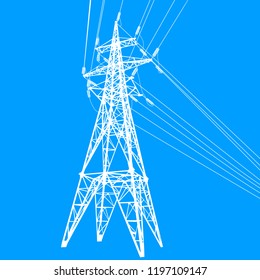 Silhouette of high voltage power lines on blue background illustration