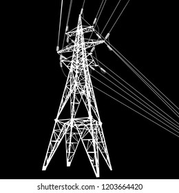 Silhouette of high voltage power lines on black background illustration