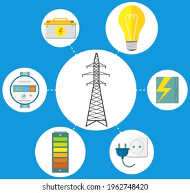 Silhouette high voltage power lines on blue background, black and white vector illustration with icons. Transmission tower with electrical appliance, electricity pylon tall industrial metal structure