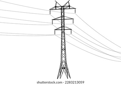 Silhouette of high voltage power lines on a white background.