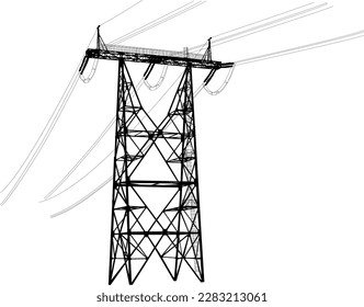 Silhouette of high voltage power lines on a white background.