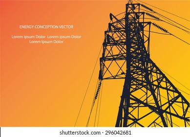 Silhouette of high voltage power lines on orange background. Vector illustration.