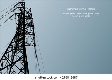 Silhouette of high voltage power lines on light blue background. Vector illustration.