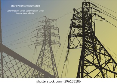 Silhouette of high voltage power lines, chain link fence on blue, yellow background. Vector illustration.