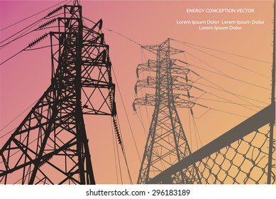 Silhouette of high voltage power lines, chain link fence on pink, light orange background. Vector illustration.