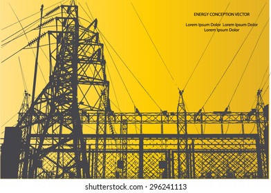 Silhouette of high voltage power lines, chain link fence, on yellow background with space for text. Vector illustration.